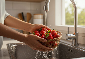 Close-up of hands washing strawberries under running water in sunlit kitchen