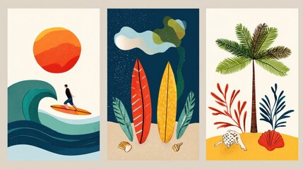 Colorful Illustration of Surfing at Sunset with Abstract Waves and Tropical Elements