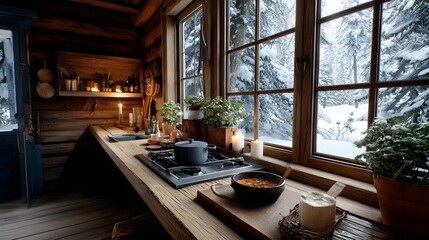 Cozy Wooden Kitchen with Snowy Winter View and Candlelight Ambiance in a Rustic Cabin