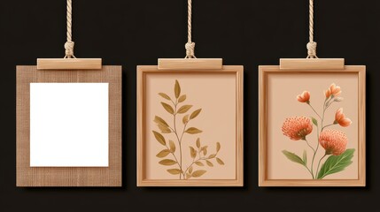 Three Distinctive Art Frames Featuring Natural Themes and Textures Hanging on a Dark Background