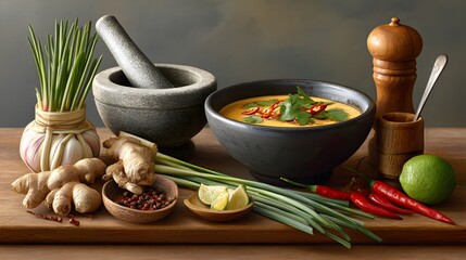 Assorted Fresh Ingredients for Cooking and Preparing Spicy Soup on a Wooden Cutting Board
