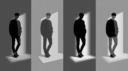 Silhouette of a Man Standing in Geometric Light and Shadow Patterns in a Minimalist Space