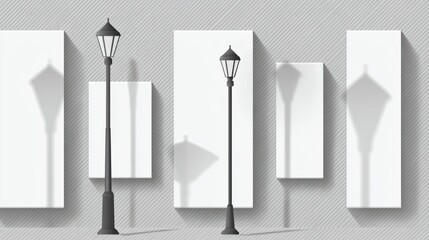 Minimalist Urban Street Scene Featuring Decorative Lamp Posts and Shadows on a Gray Background
