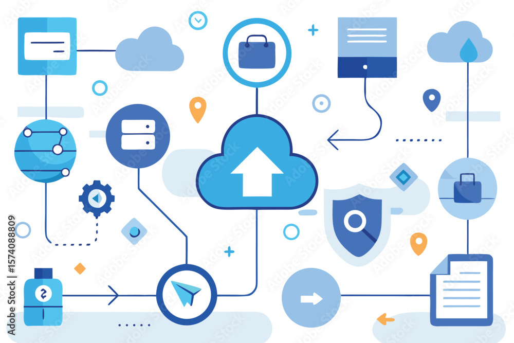 Poster cloud computing and data security illustrated with connected devices and information sharing
