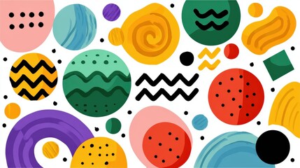 Colorful Abstract Shapes and Patterns in a Playful Design Featuring Swirls and Dots