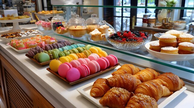Vibrant Display of Assorted Pastries and Desserts in a Stylish Bakery Setting