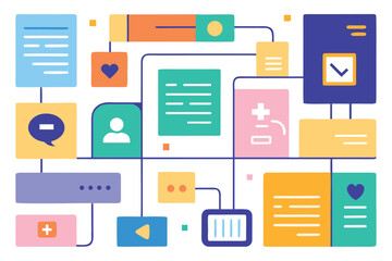 Colorful abstract illustration representing concepts of network data flow with connected elements and icons in a modern design.