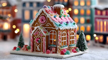 Colorful Gingerbread House Decorated with Candies and Icing During the Winter Holiday Season