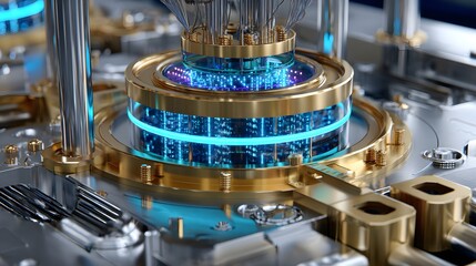 Close-Up View of Intricate Mechanical Component Featuring Gold and Blue Illuminated Elements