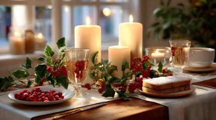 Cozy Holiday Table Setting with Candles, Berries, and Sweet Treats in Warm Atmosphere