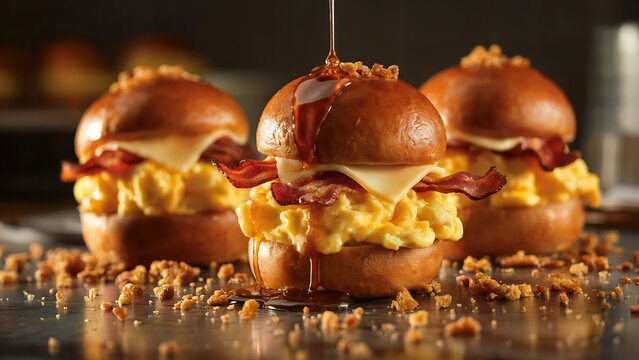 Dripping golden syrup on scrumptious breakfast sliders awakening morning joy with fluffy eggs and