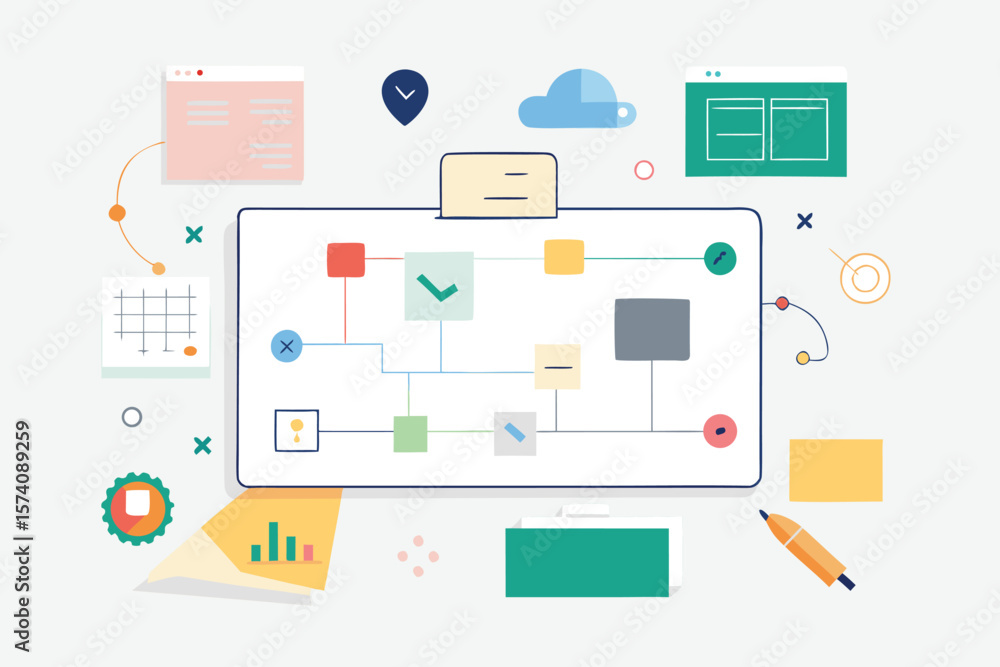 Poster colorful business strategy diagram illustrating workflow process with associated icons and elements 