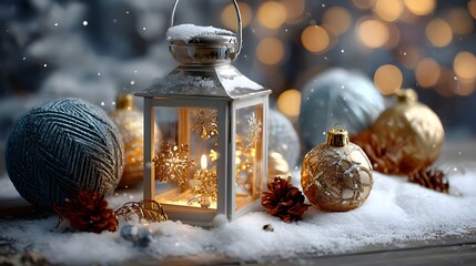 Cozy Lantern Glowing Amidst Snow and Holiday Ornaments in a Winter Wonderland Scene
