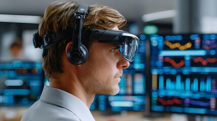 Business Professional Wearing Virtual Reality Headset While Analyzing Data in Modern Office Environment