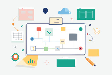 Colorful business strategy diagram illustrating workflow process with associated icons and elements on a light background.