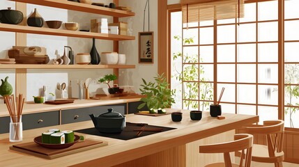 Modern Minimalist Kitchen Interior Featuring Wooden Shelves and Green Plants with Natural Light