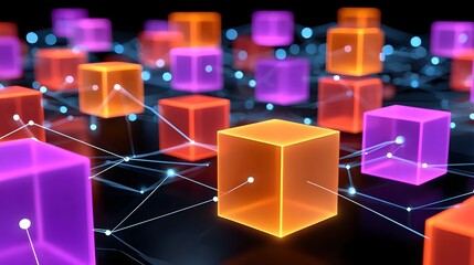 Colorful Glowing Cubes Representing Digital Network and Data Connections in 3D Space