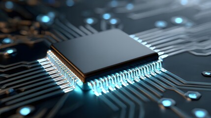 Close-Up View of a Microchip on a Circuit Board Highlighting Illumination and Design Elements