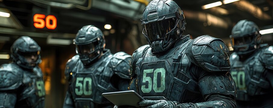 Professional American football players in futuristic gear resting and communicating