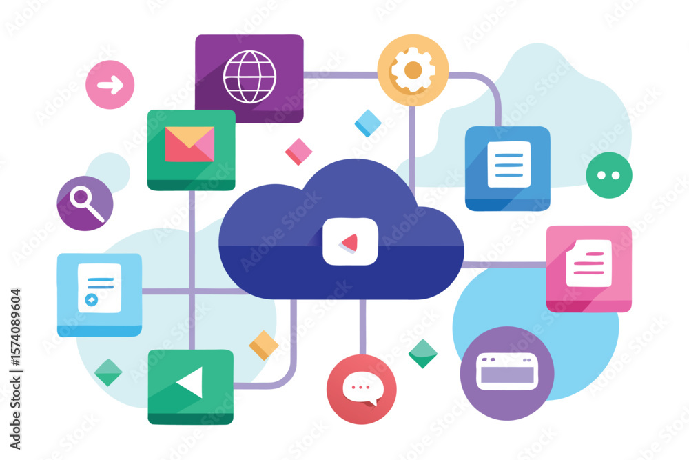 Poster conceptual vector illustration of cloud computing and digital communication with connected icons