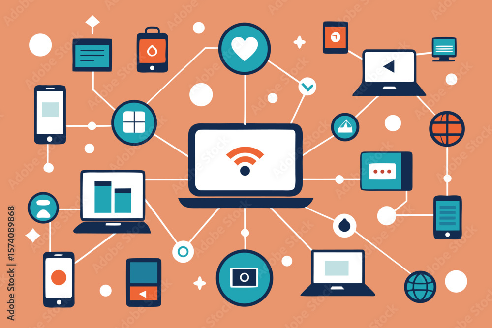 Poster digital network connected devices showing wireless connectivity and global communication using vario