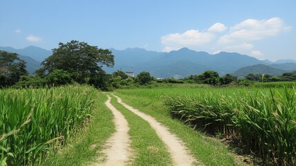 Obraz premium Serene country road meandering through lush green rice paddies, leading towards a distant mountain range under a bright, clear sky