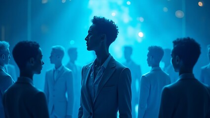 A group of people standing in a room with blue lighting and a woman in a suit in the foreground