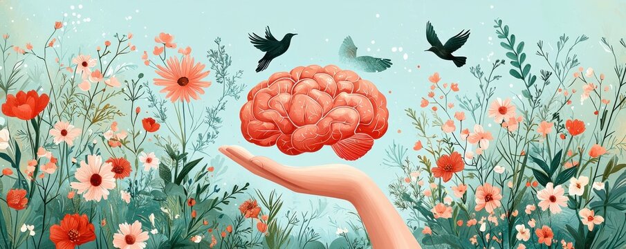 Hand holding a brain amidst a flourishing field of colorful flowers