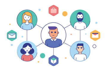 Flat design illustration depicting networking connections between people, with communication icons and shapes.