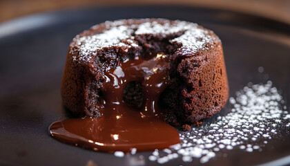 A delightful close-up of a molten chocolate lava cake with powdered sugar, showcasing the rich, flowing chocolate