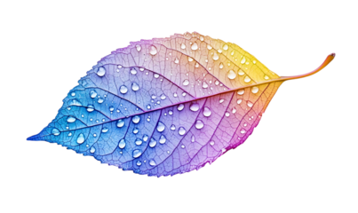 Single leaf with colorful gradient and water droplets isolated on white or transparent png