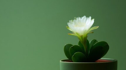 A beautiful white flower blooms atop a succulent plant, bringing life to a soft green background. Perfect for nature lovers and interior decor. A modern and tranquil style. AI.