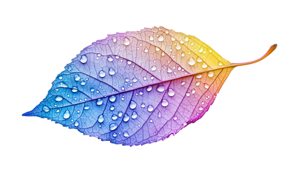 Single leaf with colorful gradient and water droplets isolated on white or transparent png