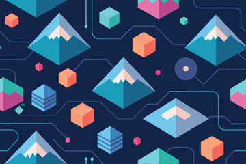 Geometric abstract mountain and cube pattern with circuit design on dark blue background