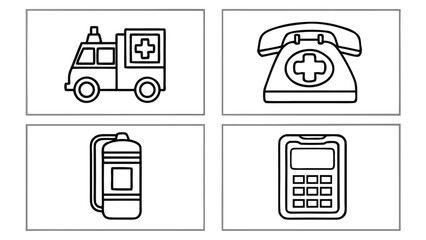 Set of four medical emergency icons including ambulance telephone oxygen tank and mobile phone