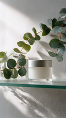 Natural Skincare Jar with Eucalyptus Leaves, and Shelf.