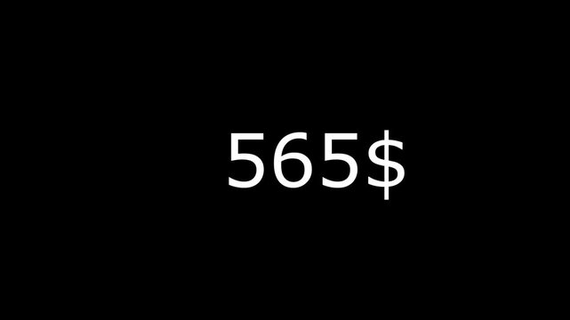 Animated Money Number Counter from 0 to 1100 Dollars ,Number, count, dollar counting, business, profit, counter Dollars and digits with black background.