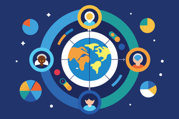 Global community and diversity depicted with circular charts and human icons on a modern graphic design background