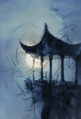 Abstract Ink Shadow Of A Pavilion Under Moonlight
