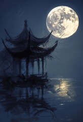 Abstract Digital Painting of a Chinese Pavilion Under Moonlight