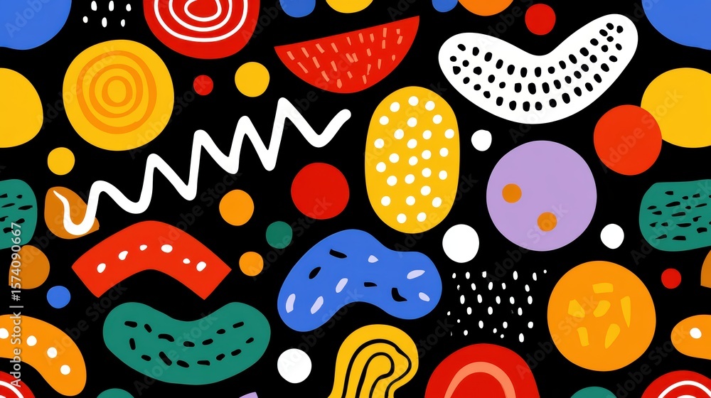 Wall mural abstract colorful pattern with geometric shapes and dots on black background