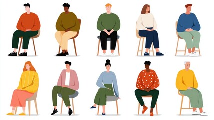 Fototapeta premium Group Of Diverse Characters Sitting On Chairs In Colorful Casual Outfits Illustration