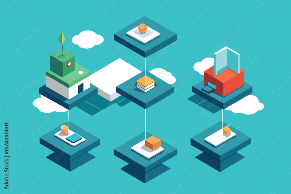 Poster isometric illustration of a connected network showing data transfer and cloud computing capabilities