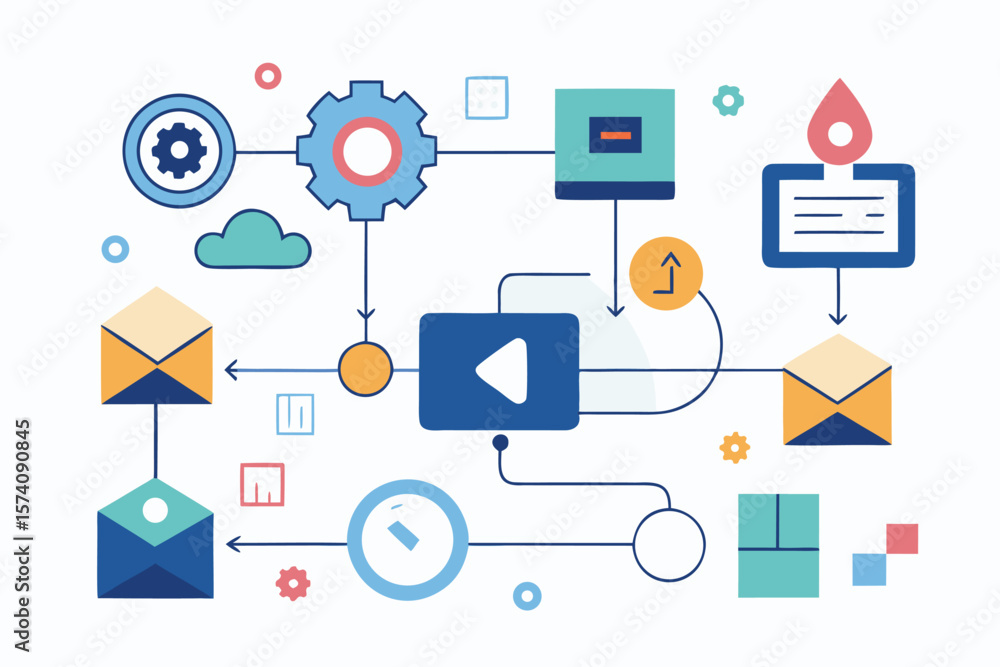 Poster illustration of workflow and data exchange with envelope icons and symbolic elements for digital com