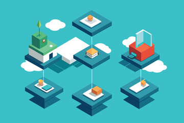 Isometric illustration of a connected network showing data transfer and cloud computing capabilities