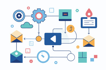 Illustration of workflow and data exchange with envelope icons and symbolic elements for digital communication