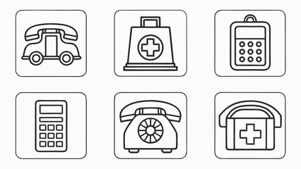 Collection of simple black and white line art icons representing communication and medical services