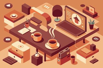 Isometric illustration of a modern workspace with a laptop two coffee cups and office supplies rendered in warm tones.