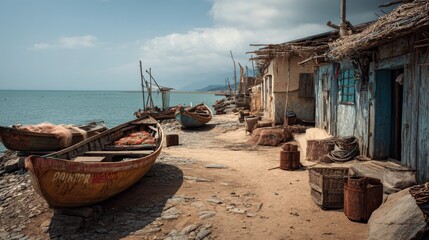 A small fishing village along the coast, with boats and nets drying under the sun.