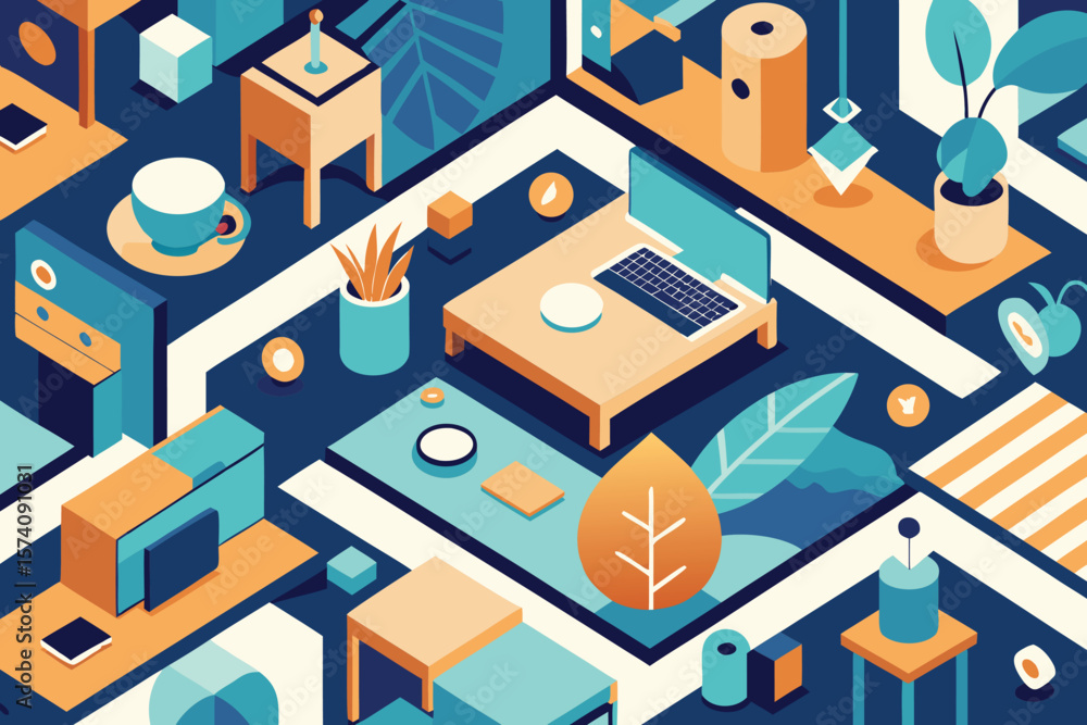 Poster isometric illustration of a modern workspace with computer desk plants and geometric elements suitab